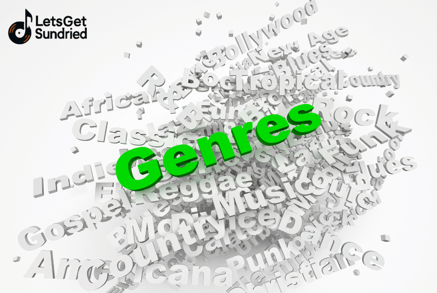 Ilustrasi visual dengan tulisan "Genres" dan simbol musik yang menunjukkan keragaman genre musik.