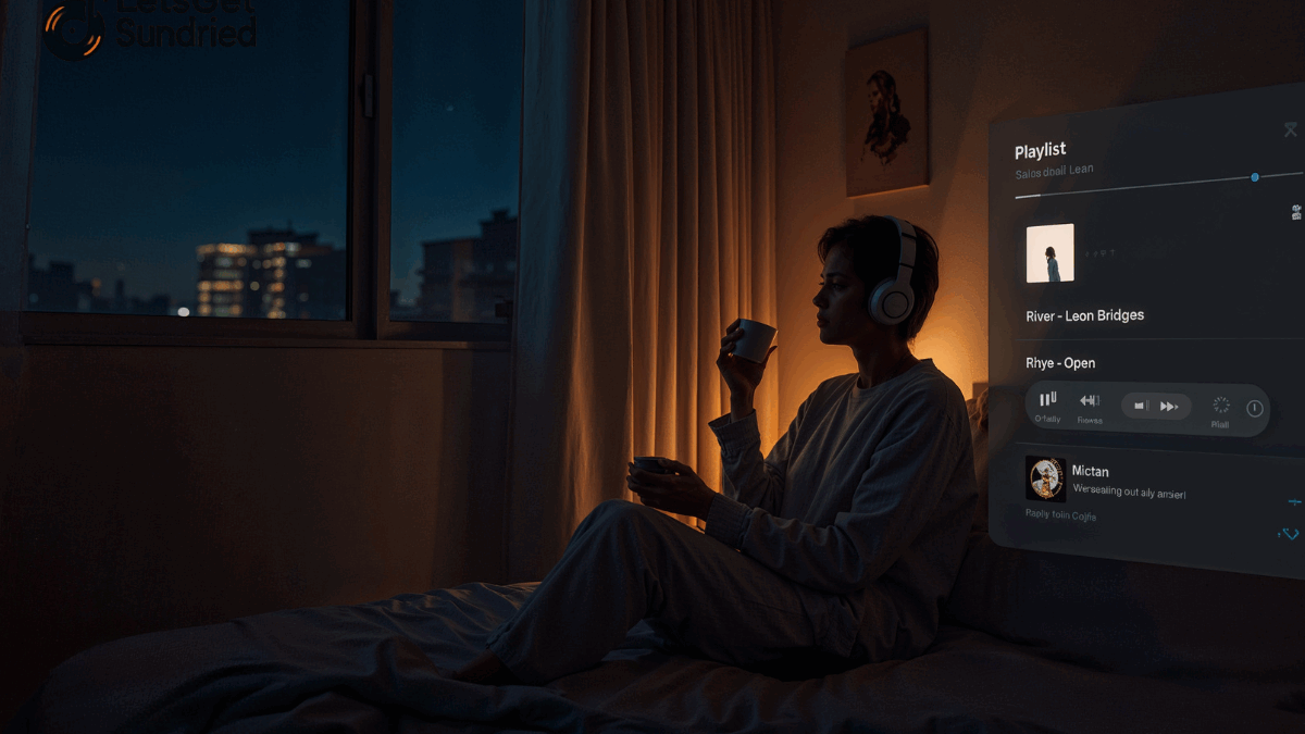 Dua orang mendengarkan musik di malam hari dengan nuansa lampu temaram, cocok untuk playlist vibes malam.