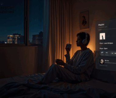 Dua orang mendengarkan musik di malam hari dengan nuansa lampu temaram, cocok untuk playlist vibes malam.
