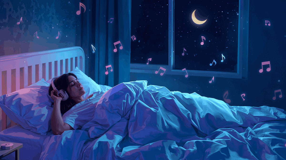 Kamar tidur remang dengan lampu biru lembut dan not musik abstrak melayang di udara