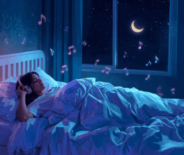 Kamar tidur remang dengan lampu biru lembut dan not musik abstrak melayang di udara