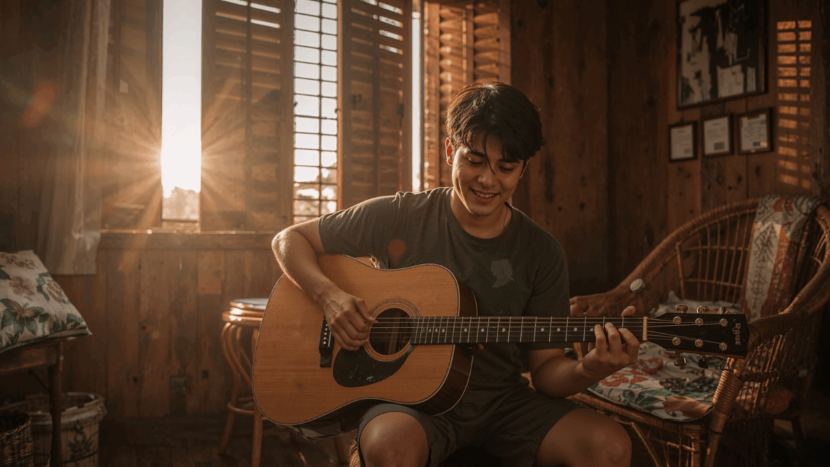 Musisi memainkan chord “Satu Bulan” pada gitar akustik di ruang hangat