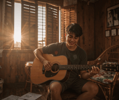 Musisi memainkan chord “Satu Bulan” pada gitar akustik di ruang hangat