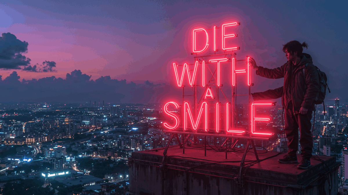 Lirik die with a smile – ilustrasi neon vaporwave senja magenta-toska dengan tulisan retro glowing