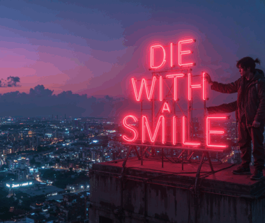 Lirik die with a smile – ilustrasi neon vaporwave senja magenta-toska dengan tulisan retro glowing