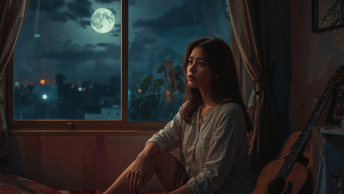 Lirik lagu Bernadya Satu Bulan divisualisasikan dengan nuansa malam dan rindu