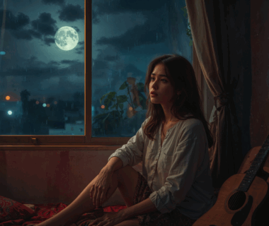 Lirik lagu Bernadya Satu Bulan divisualisasikan dengan nuansa malam dan rindu