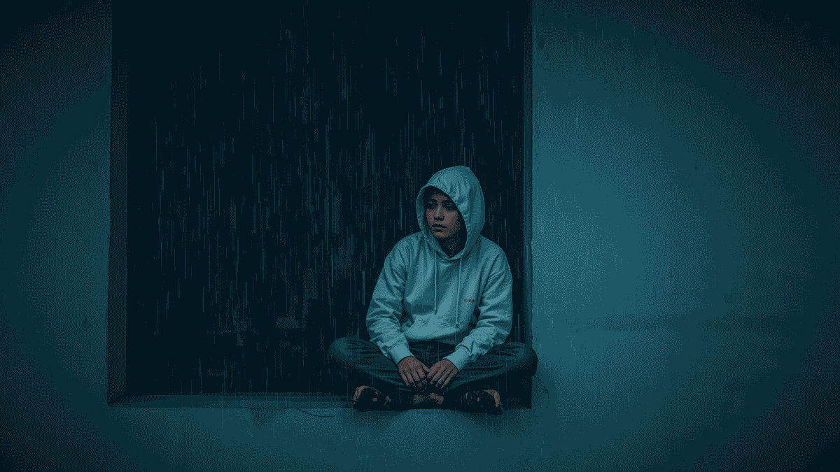 Perempuan muda duduk di tepi jendela saat hujan, menatap keluar dengan ekspresi reflektif.