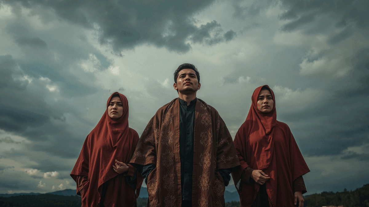 Omega Trio menyanyikan lagu Mardua Holong dengan busana adat Batak di tepi Danau Toba