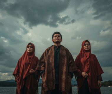 Omega Trio menyanyikan lagu Mardua Holong dengan busana adat Batak di tepi Danau Toba