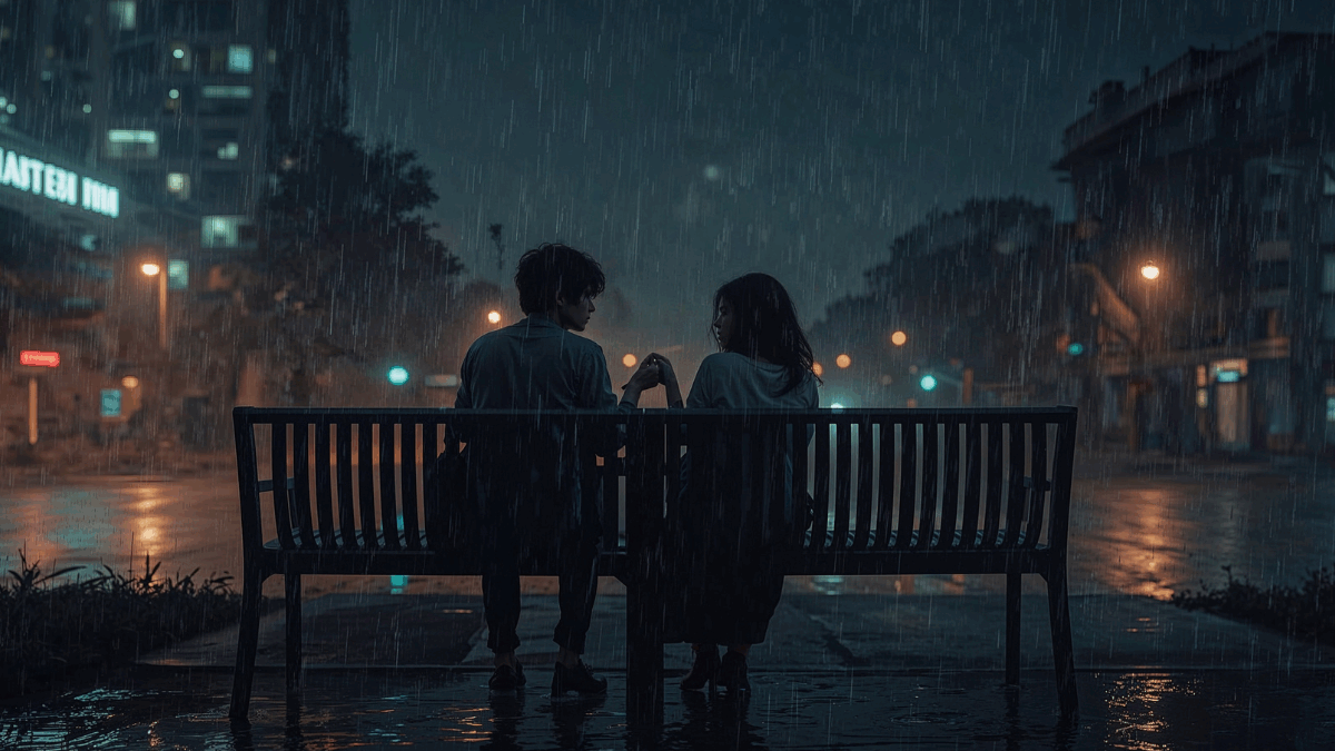Ilustrasi emosional lagu Mangu — dua orang duduk terpisah di bangku taman malam hari, suasana hujan dan penuh kebingungan.