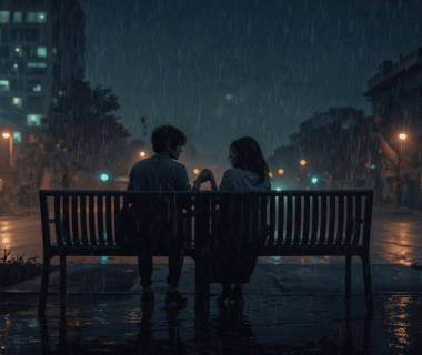 Ilustrasi emosional lagu Mangu — dua orang duduk terpisah di bangku taman malam hari, suasana hujan dan penuh kebingungan.