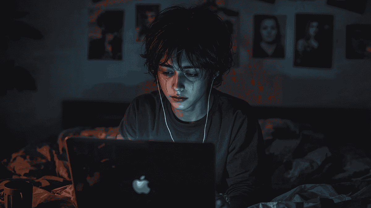Ilustrasi seseorang sedang mendengarkan lagu sedih di kamar sendirian