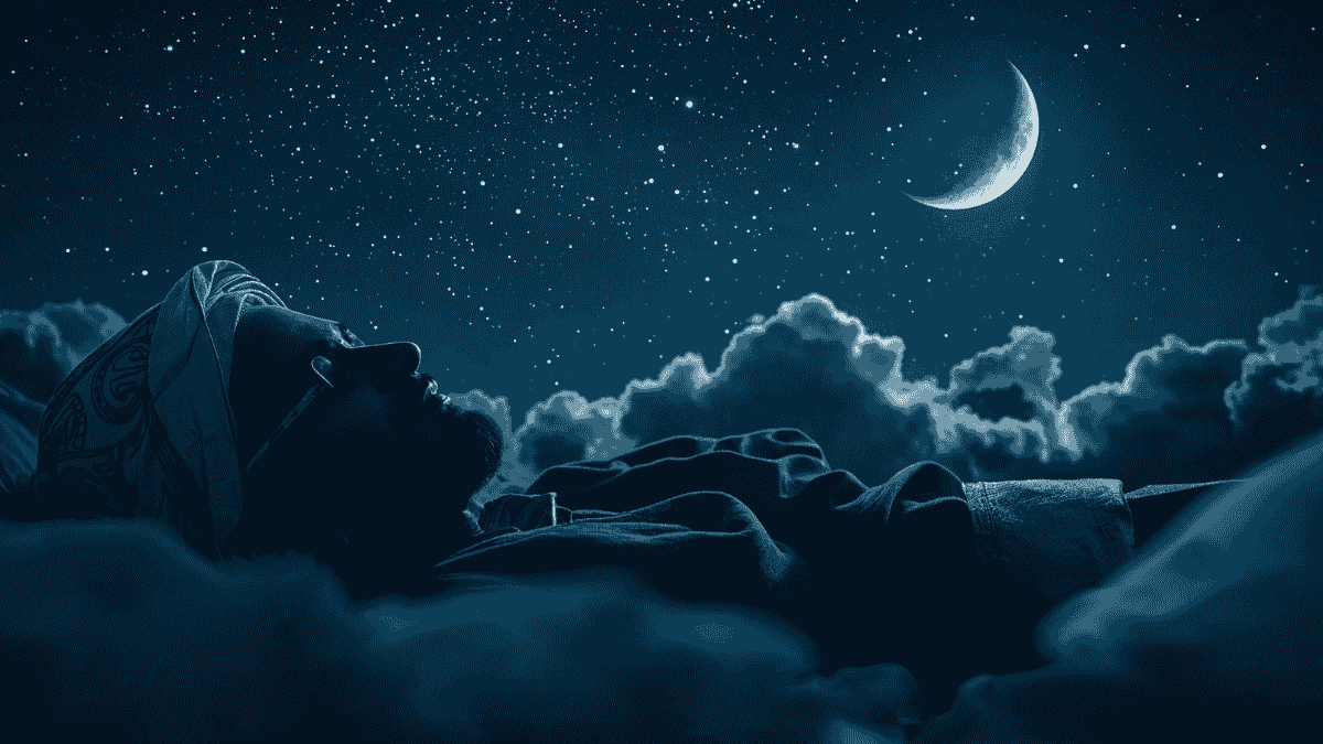 Pria duduk sendiri di tempat tidur sambil memegang ponsel, suasana kamar yang temaram dan emosional.