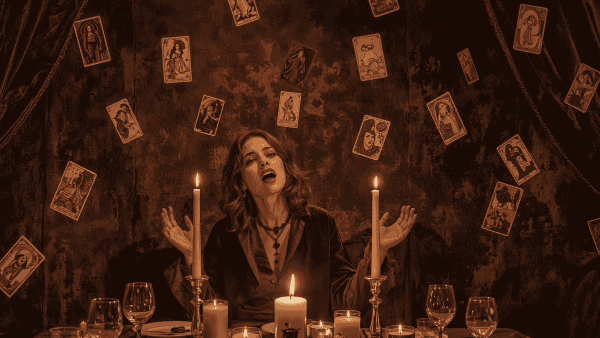 Seorang musisi indie menyanyikan lagu bertema tarot di atas panggung remang, dikelilingi kartu tarot melayang dalam suasana mistis perjamuan spiritual.