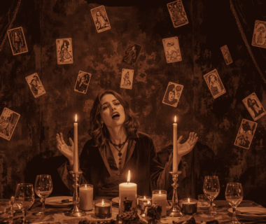 Seorang musisi indie menyanyikan lagu bertema tarot di atas panggung remang, dikelilingi kartu tarot melayang dalam suasana mistis perjamuan spiritual.