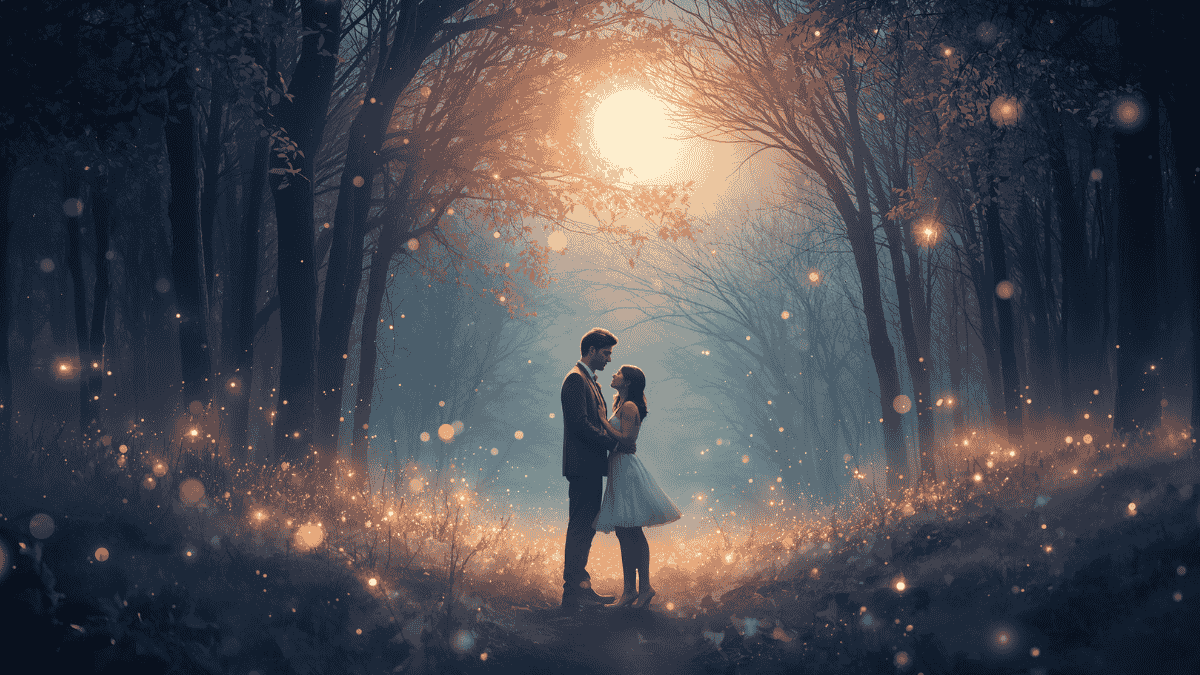 "Scene magical night in a forest with glowing lights and stars, symbolizing first love and enchantment."