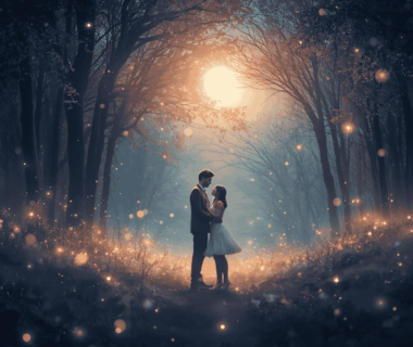 "Scene magical night in a forest with glowing lights and stars, symbolizing first love and enchantment."
