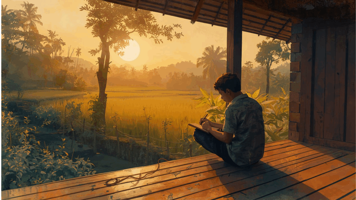 Ilustrasi pemuda menulis lirik lagu Mangu di pedesaan saat senja