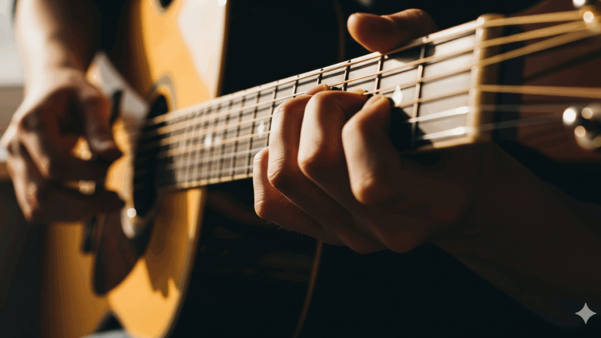Jari tangan menekan chord gitar akustik dengan cahaya matahari masuk