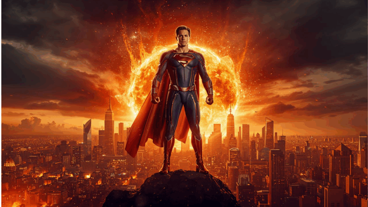 Superhero dalam genre film action berdiri di kota futuristik dengan ledakan besar di belakangnya.