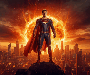 Superhero dalam genre film action berdiri di kota futuristik dengan ledakan besar di belakangnya.