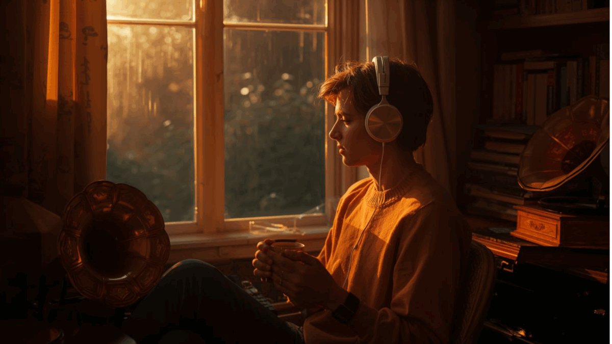 Seseorang duduk santai dekat jendela dengan headphone sambil mendengarkan genre musik klasik.