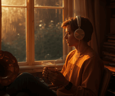 Seseorang duduk santai dekat jendela dengan headphone sambil mendengarkan genre musik klasik.