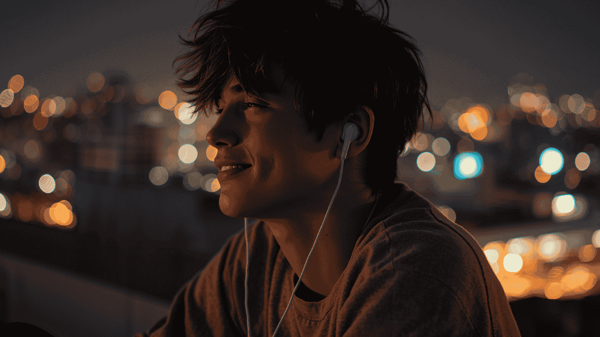 Remaja mendengarkan musik APT dengan earphone di malam hari