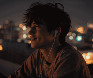 Remaja mendengarkan musik APT dengan earphone di malam hari