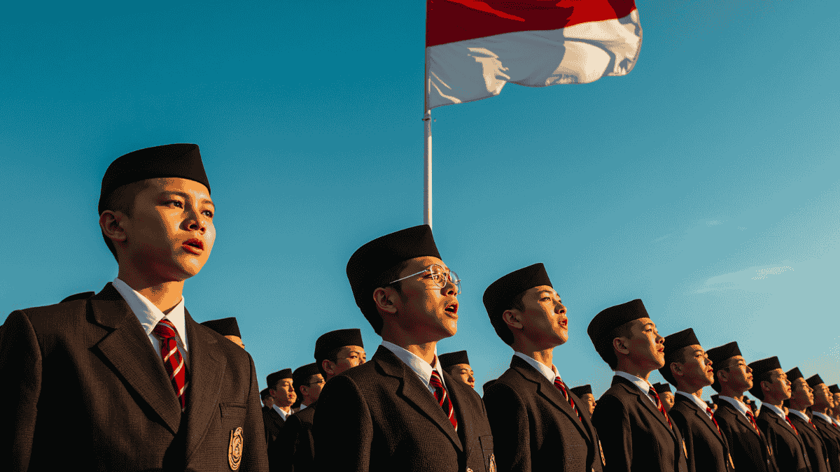 Siswa menyanyikan lirik lagu Indonesia Raya saat upacara bendera