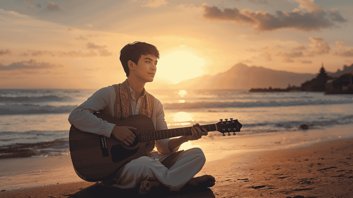 Pria muda Bali duduk di pantai saat matahari terbenam sambil memegang gitar akustik dengan latar budaya Bali.