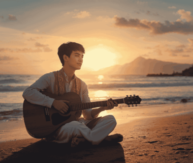 Pria muda Bali duduk di pantai saat matahari terbenam sambil memegang gitar akustik dengan latar budaya Bali.