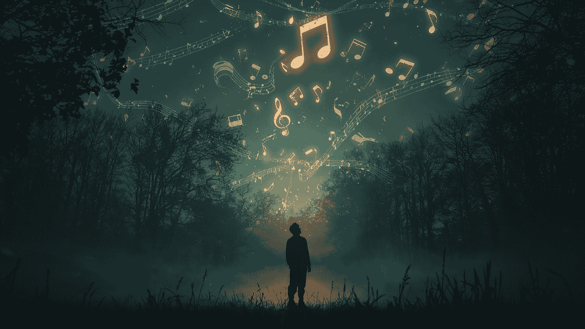 Seseorang duduk sendiri di dekat jendela saat malam, mendengarkan musik sambil termenung.