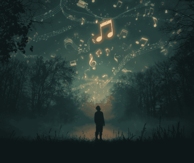Seseorang duduk sendiri di dekat jendela saat malam, mendengarkan musik sambil termenung.