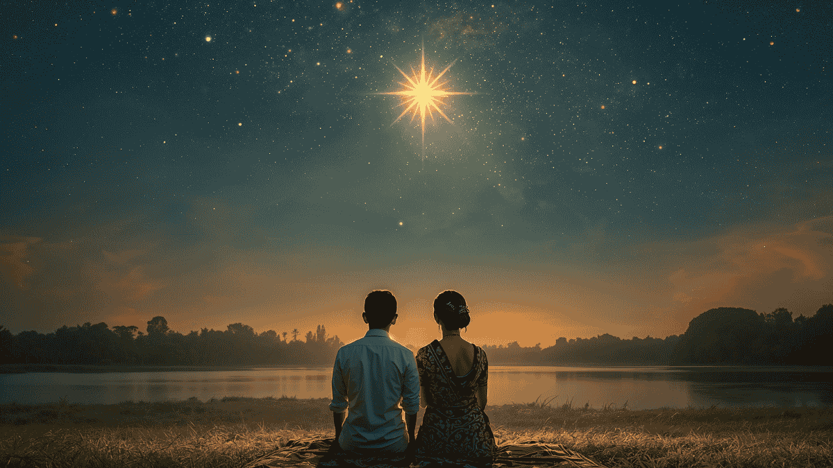Malam romantis Jawa di bawah langit penuh bintang dengan sepasang muda-mudi berpakaian tradisional