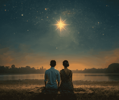 Malam romantis Jawa di bawah langit penuh bintang dengan sepasang muda-mudi berpakaian tradisional