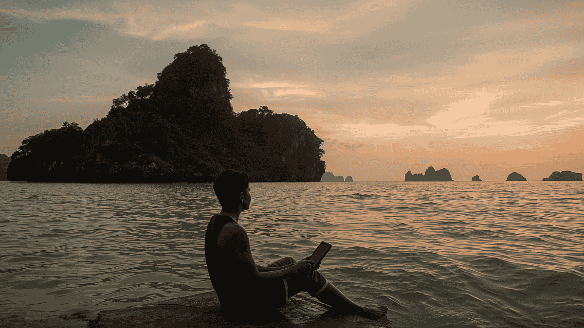 Pria duduk di tepi pantai saat senja sambil menatap laut dengan ekspresi rindu, berlatar nuansa timur Indonesia.