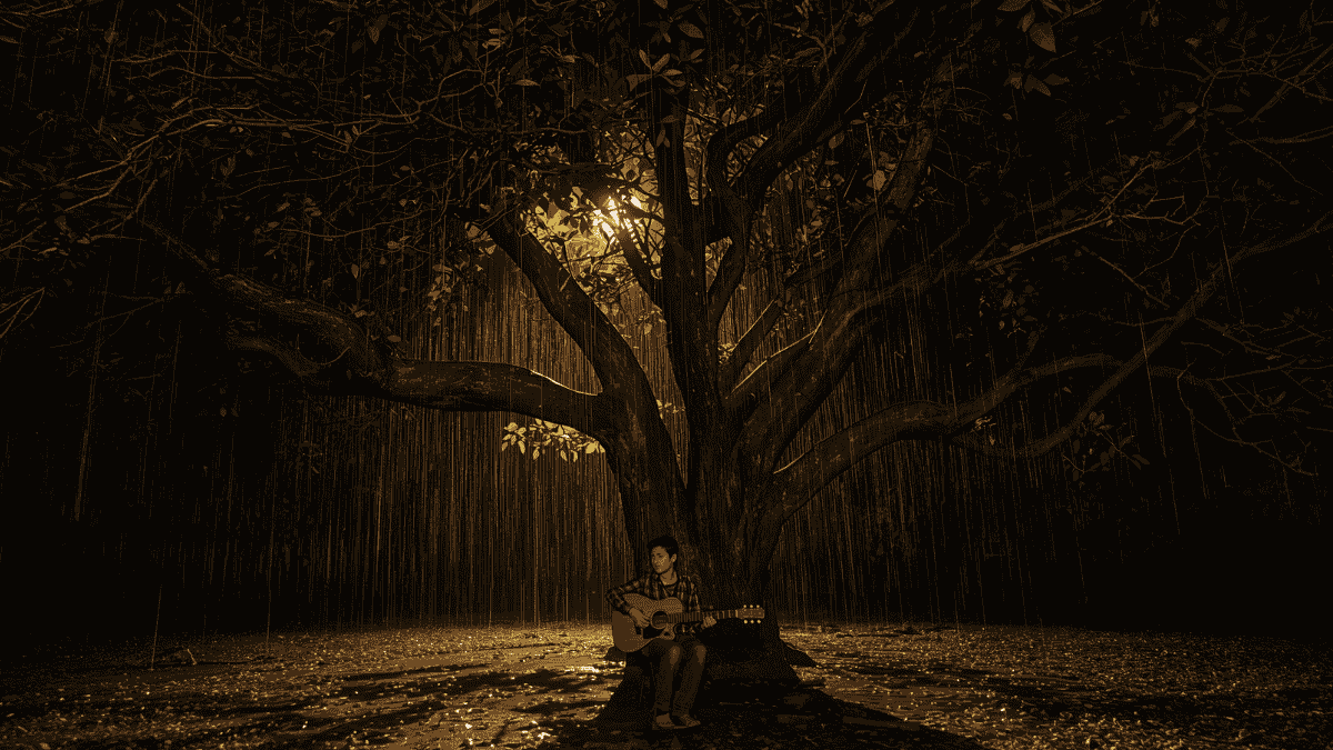 Pemuda bermain gitar di bawah pohon beringin besar saat malam, dengan cahaya bulan dan hujan gerimis.