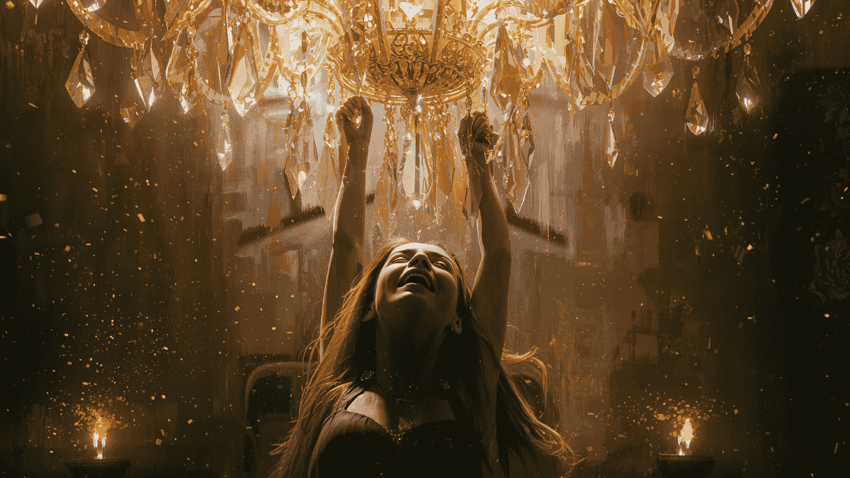 Ilustrasi emosional wanita berayun di lampu gantung kristal, terinspirasi lagu Chandelier Sia