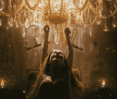 Ilustrasi emosional wanita berayun di lampu gantung kristal, terinspirasi lagu Chandelier Sia