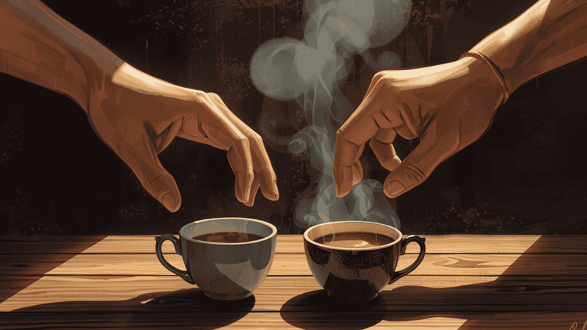 Pasangan duduk di taman saat senja sambil menikmati kopi bersama.