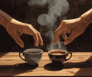 Pasangan duduk di taman saat senja sambil menikmati kopi bersama.