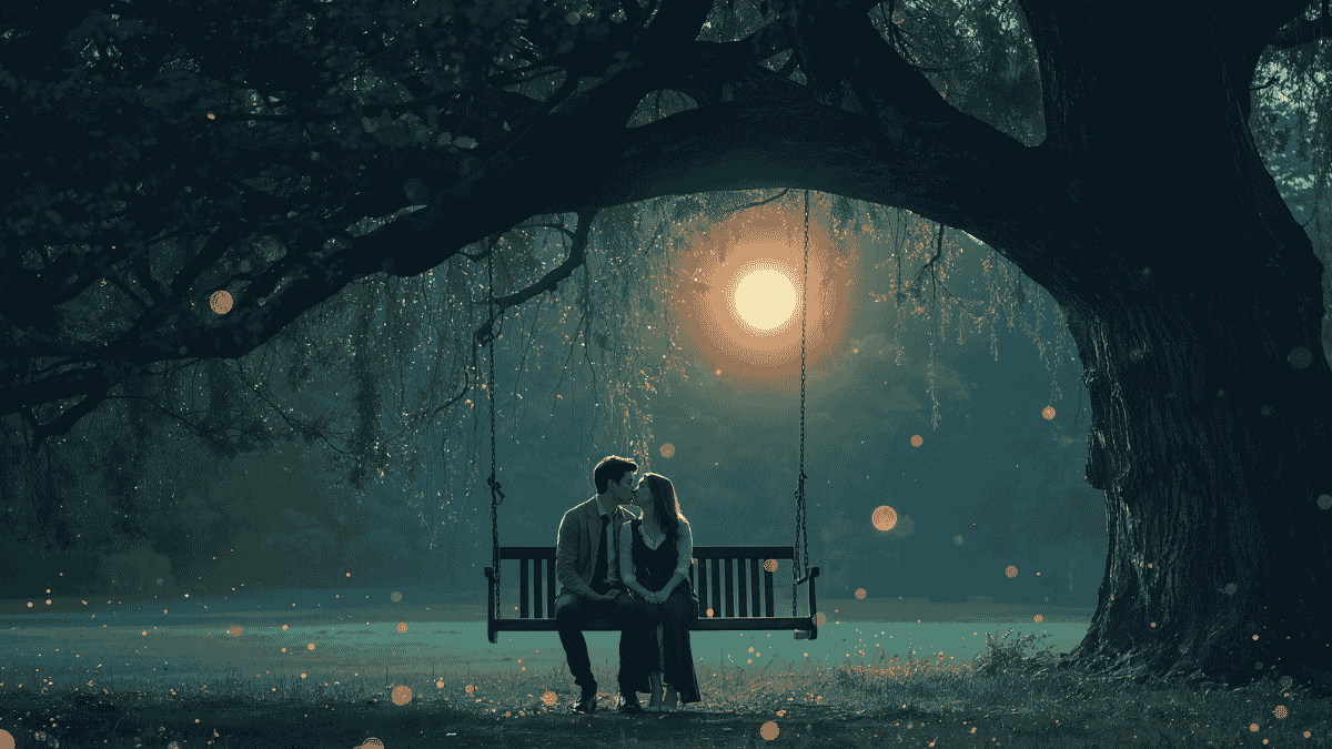 Pasangan romantis di ayunan taman di bawah cahaya bulan
