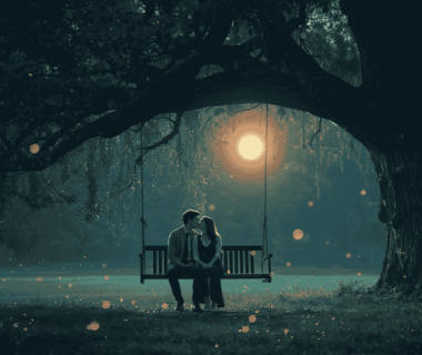 Pasangan romantis di ayunan taman di bawah cahaya bulan