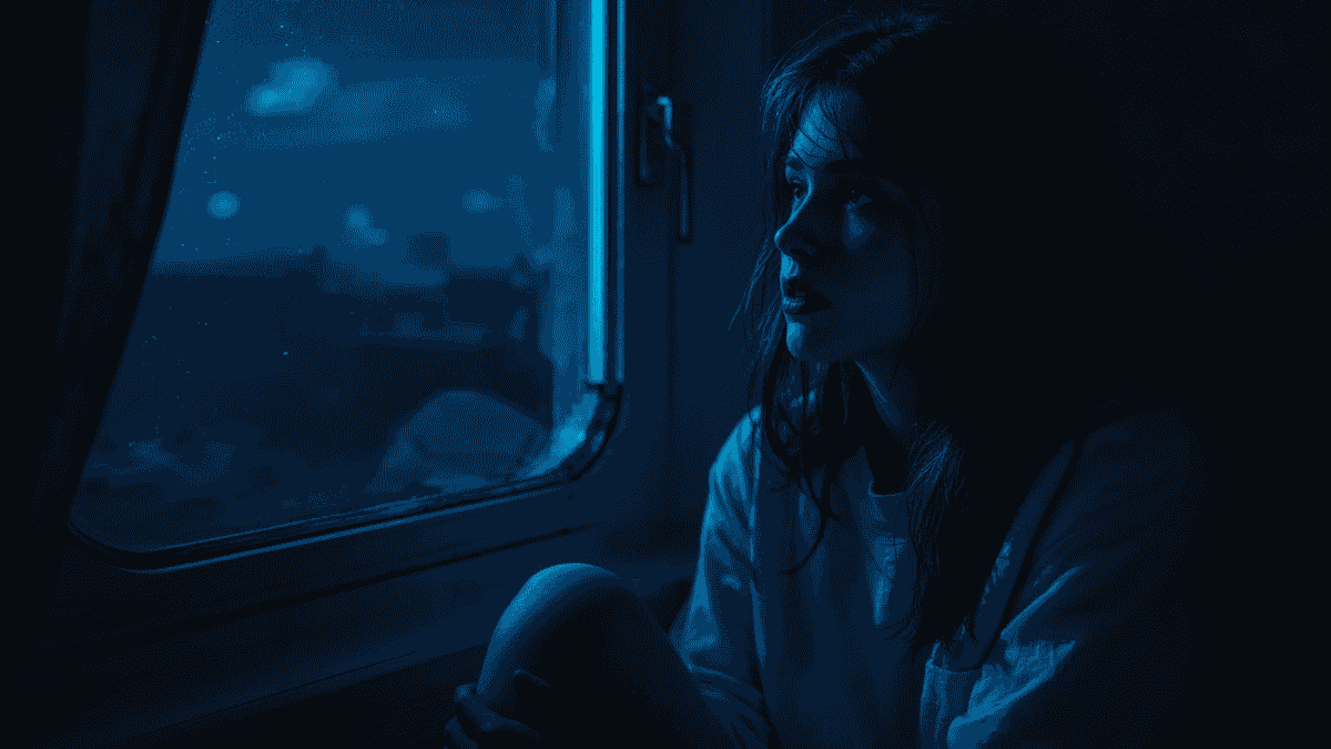 Remaja duduk di tepi jendela malam hari dengan cahaya biru laut menerangi wajahnya.