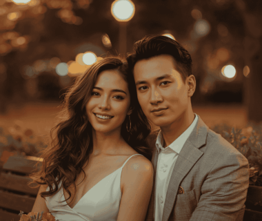 pasangan duduk di bangku taman di bawah lampu jalan dengan suasana romantis hangat