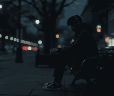 Anak muda termenung sendirian di bangku kota saat senja, mengenakan headphone.