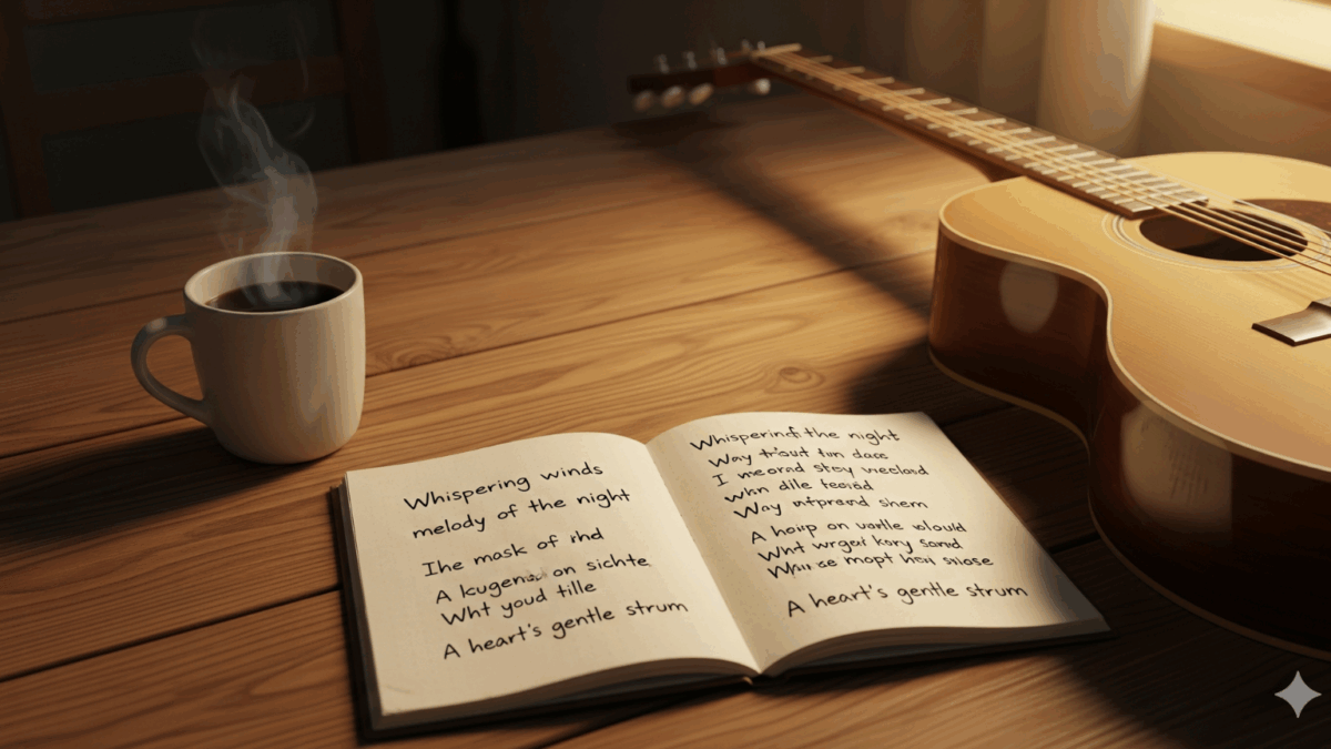 Buku catatan berisi lirik lagu dengan gitar dan kopi di atas meja kayu