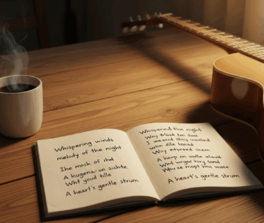 Buku catatan berisi lirik lagu dengan gitar dan kopi di atas meja kayu